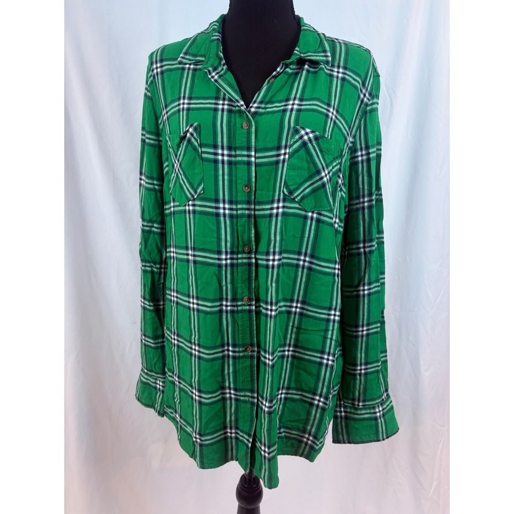 Merona Womens XXL Green Plaid Button Down Shirt Long Sleeve Rayon Soft Casual